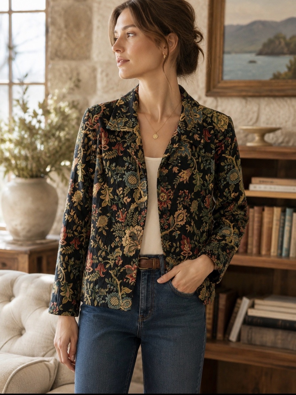 Carol Anderson by Invitation Floral Tapestry Jacket L Made in USA Cottagecore